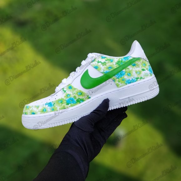 Custom Nike Air Force 1 White Green Blue Flowers - Picture 2 of 2